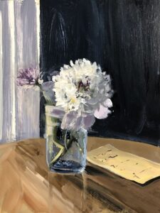 Austin MacRae • <em>Peony and List</em> • Acrylic on masonite • 9″× 12″ • $350.00