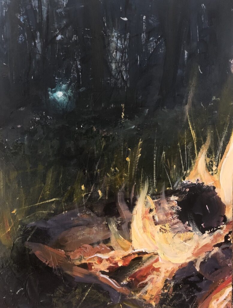 Austin MacRae • <em>The Visitor</em> • Acrylic on masonite • 9″× 12″ • $350.00
