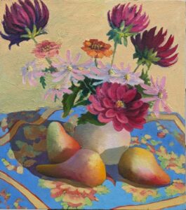 Diana Ozolins • <em>Dahlias and Fruit II</em> • Oil on canvas, unframed • 16″× 18″ • $550.00