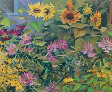 Diana Ozolins • <em>Sunflower and Cleome</em> • Oil on canvas, framed • 24″× 20″ • $600.00
