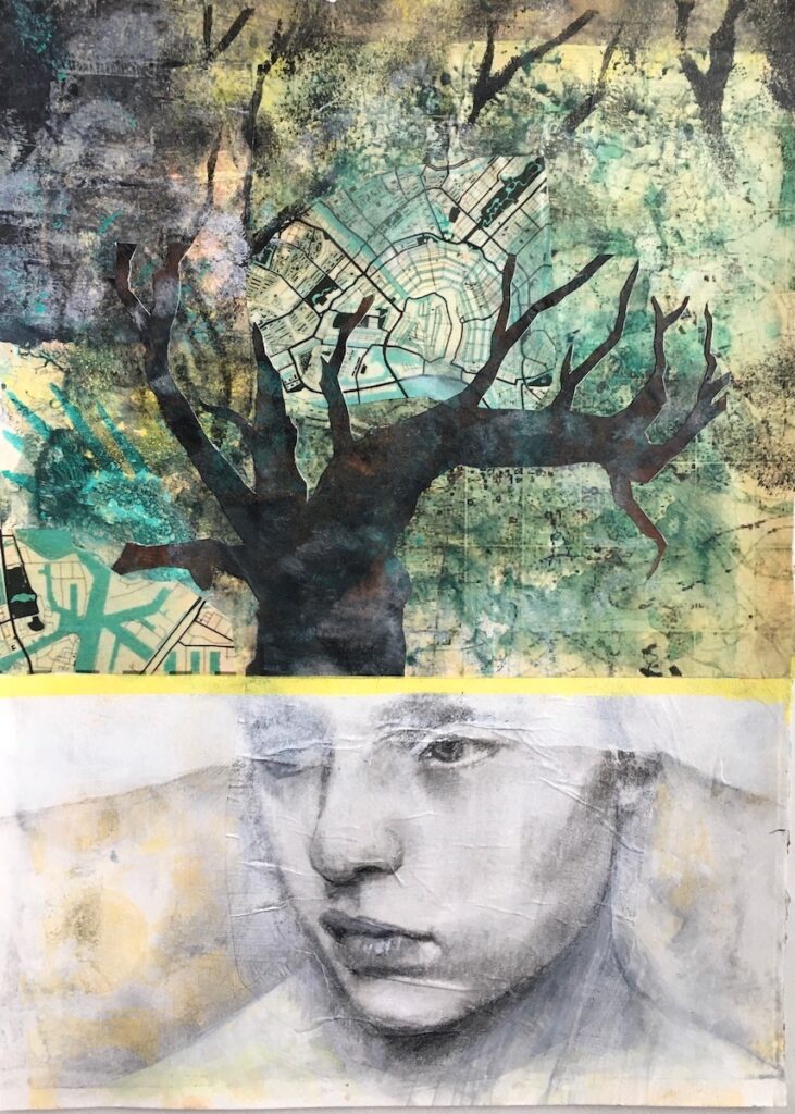 Carol Spence • <em>Maps</em> • Acrylic, collage, pencil on paper • 28″× 5″ • $16.00