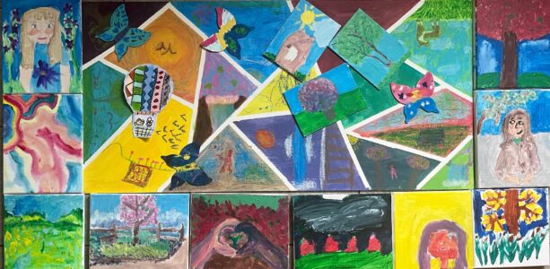 Hsiao-Pei Yang and Belle Sherman Outdoor Painting Class&nbsp;• <em>My Favorite Things</em>&nbsp;• Acrylic paint and oil pastels on board&nbsp;• 60″×&nbsp;28″&nbsp;• NFS