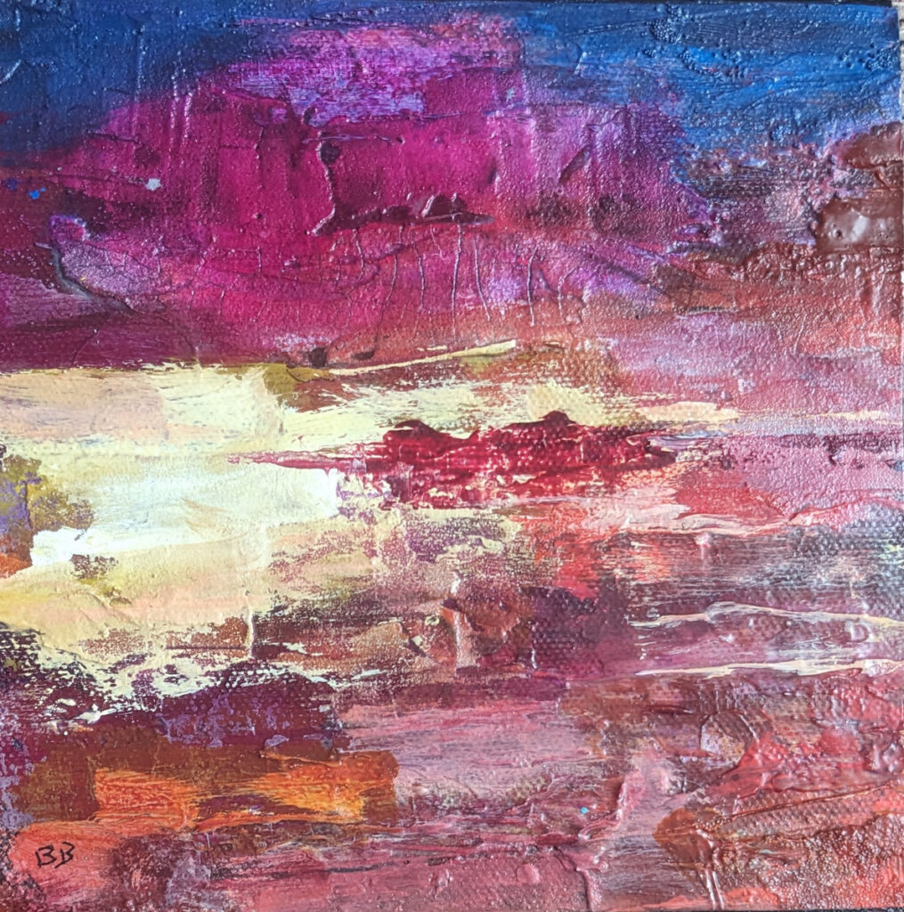 Barbara Behrmann&nbsp;• <em>Desert Sunset #2</em>&nbsp;• Acrylic on wood panel&nbsp;• 6″×&nbsp;6″&nbsp;• $75.00<a class="purchase" href="https://state-of-the-art-gallery.square.site/product/barbara-behrmann-desert-sunset-2/FNNG3VJ3SPVH2ZS5BLJOJ2NH" target="_blank">Buy</a>