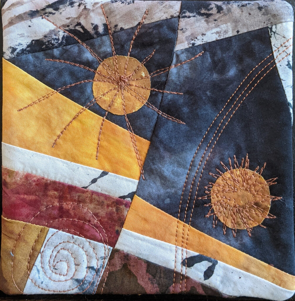Barbara Behrmann&nbsp;• <em>Falling Stars</em>&nbsp;• Artist-dyed fabric on acrylic painted wood panel&nbsp;• 6″×&nbsp;6″&nbsp;• $75.00<a class="purchase" href="https://state-of-the-art-gallery.square.site/product/barbara-behrmann-falling-stars/LJRUKGOXQ2ZKRBOSZUHKQFMB" target="_blank">Buy</a>