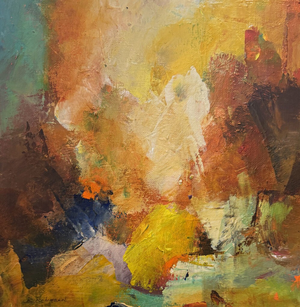 Barbara Behrmann&nbsp;• <em>Golden Fog</em>&nbsp;• Acrylic on canvas board&nbsp;• 22″×&nbsp;22″&nbsp;• $275.00<a class="purchase" href="https://state-of-the-art-gallery.square.site/product/barbara-behrmann-golden-fog/TBUMY3VQVPPQYJCJQRUMNY5C" target="_blank">Buy</a>
