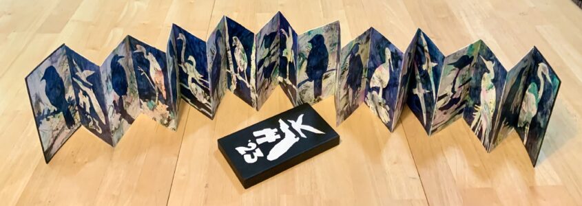 Patricia Brown&nbsp;• <em>Birding Florida 2023</em>&nbsp;• Acrylic on paper concertina book&nbsp;• 4″×&nbsp;8″×&nbsp;¾″&nbsp;• NFS