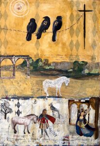 Linda Fazzary&nbsp;• <em>Story of the White Pony</em>&nbsp;• Acrylic, mixed media&nbsp;• 24″×&nbsp;36″&nbsp;• $940.00<a class="purchase" href="https://state-of-the-art-gallery.square.site/product/linda-fazzary-story-of-the-white-pony/I5KDBPS6IB5D5N6JGL3UYLGC" target="_blank">Buy</a>