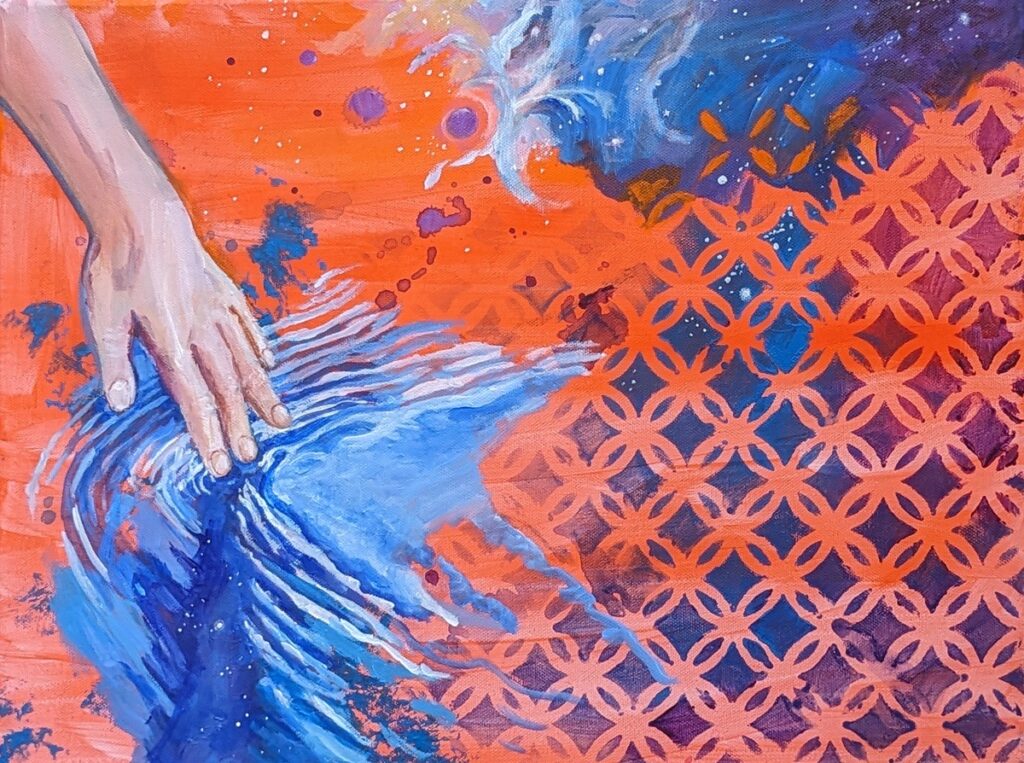 Katrina Morse&nbsp;• <em>Cosmic Pull</em>&nbsp;• Acrylic on canvas&nbsp;• 18″×&nbsp;14″&nbsp;• $330.00<a class="purchase" href="https://state-of-the-art-gallery.square.site/product/katrina-morse-cosmic-pull/NBWTWAV4UEBDRHJNMRUE7CSQ" target="_blank">Buy</a>