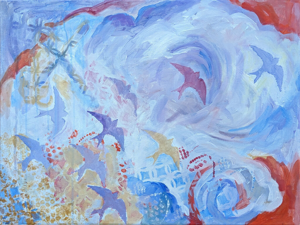 Katrina Morse&nbsp;• <em>Fly Away</em>&nbsp;• Acrylic on canvas&nbsp;• 24″×&nbsp;18″&nbsp;• $450.00<a class="purchase" href="https://state-of-the-art-gallery.square.site/product/katrina-morse-fly-away/ZGFLLPXFM6QOHCFBCVYDF7RF" target="_blank">Buy</a>