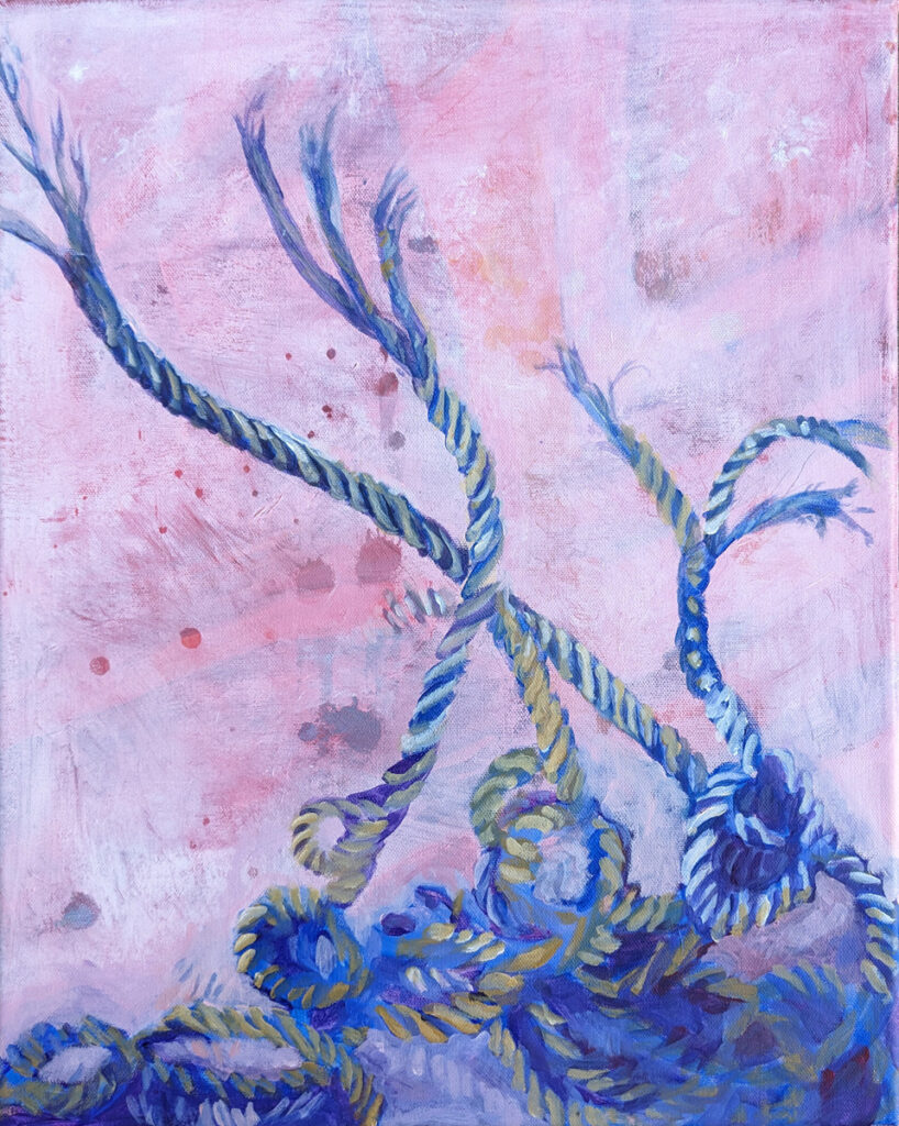 Katrina Morse&nbsp;• <em>Frayed</em>&nbsp;• Acrylic on canvas&nbsp;• 16″×&nbsp;20″&nbsp;• $400.00<a class="purchase" href="https://state-of-the-art-gallery.square.site/product/katrina-morse-frayed/27YZJ5EYAY4ZBXKVUMGM6FNL" target="_blank">Buy</a>