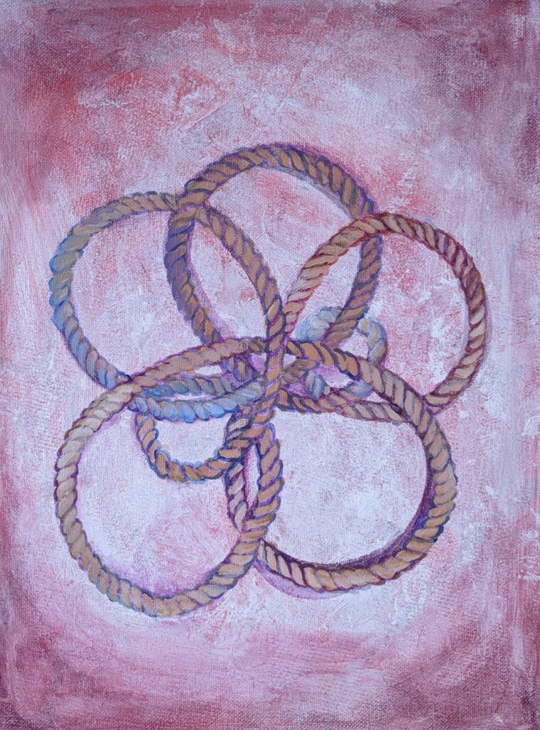 Katrina Morse&nbsp;• <em>Rope Mandala</em>&nbsp;• Acrylic on canvas&nbsp;• 12″×&nbsp;16″&nbsp;• $350.00<a class="purchase" href="https://state-of-the-art-gallery.square.site/product/katrina-morse-rope-mandala/DVWBCJI55KIO4USSIGCN4JTG" target="_blank">Buy</a>