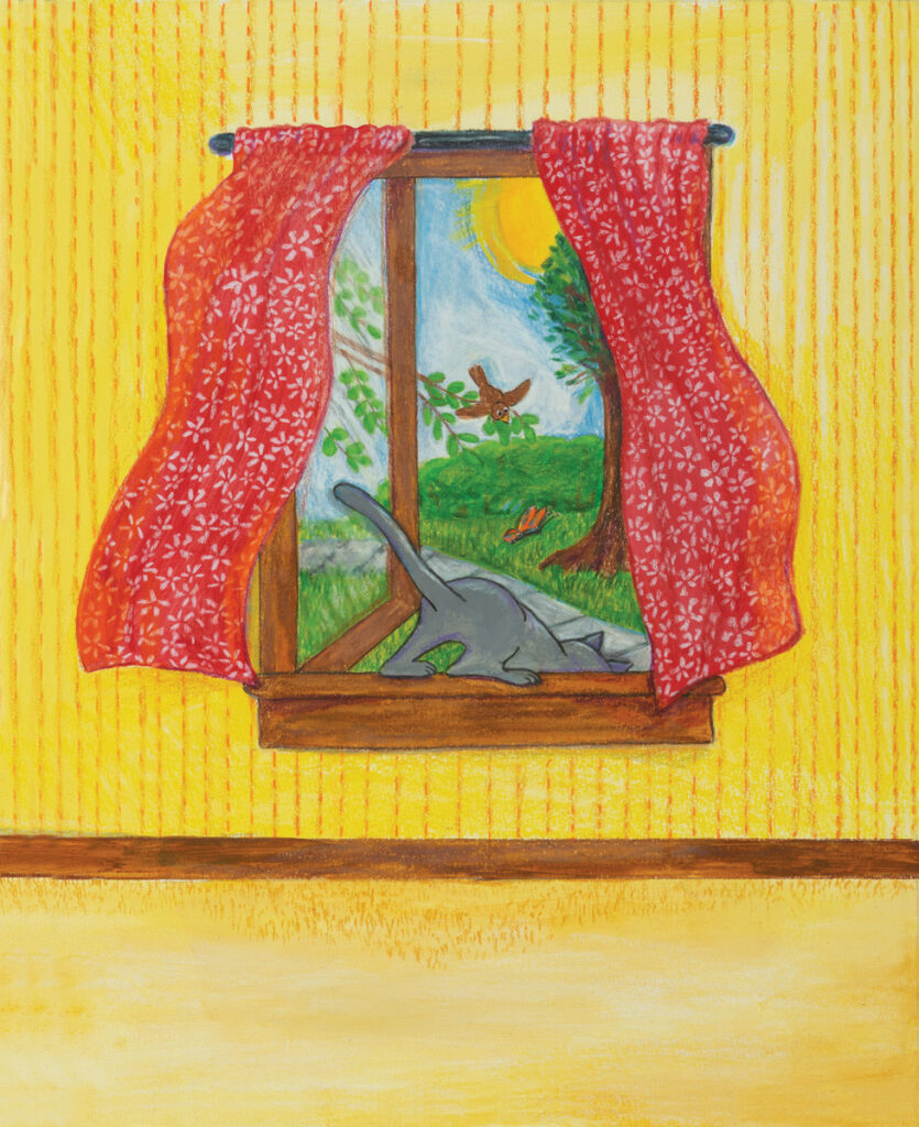 Katrina Morse • <em>She Jumped from the book Quiet Cat Loud Cat</em> • Acrylic and colored pencil on illustration board • 10½″× 13½″ • $125.00