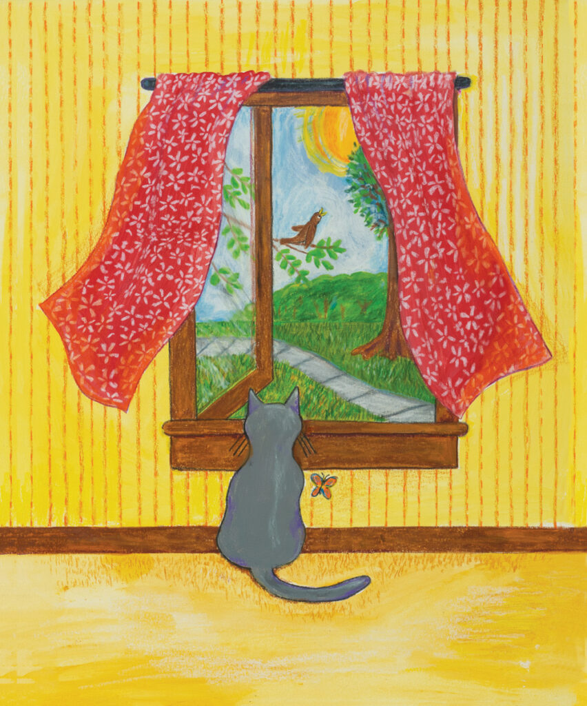 Katrina Morse • <em>Something was Different from the book Quiet Cat Loud Cat</em> • Acrylic and colored pencil on illustration board • 10½″× 13½″ • $125.00