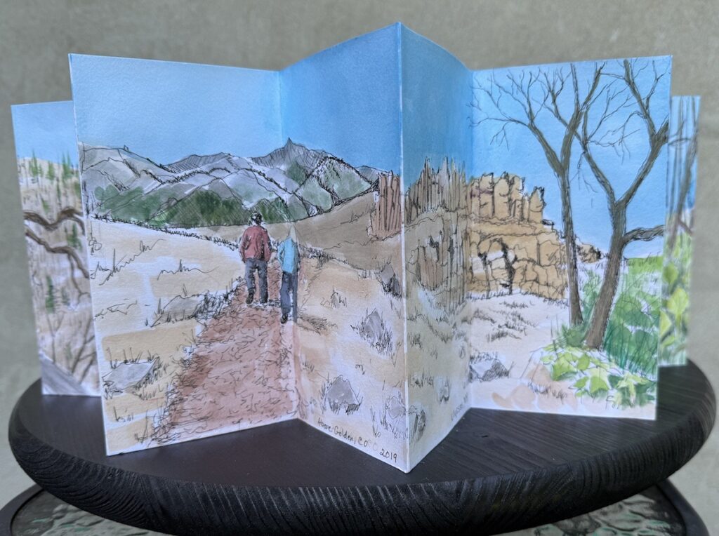 Patty L Porter • <em>Walk With Me - Accordion Book</em> • Archival pens and watercolor • 18″× 10″× 18″ • NFS