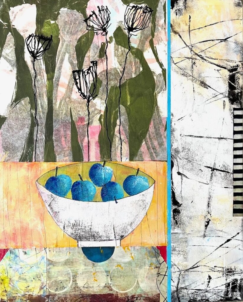Carol Spence • <em>Blueberries</em> • Mixed media on canvas • 16″× 20″ • $300.00