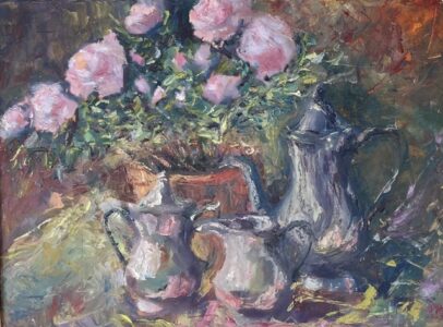 Hsiao-Pei Yang 楊曉珮&nbsp;• <em>Tea Time</em>&nbsp;• Oil on canvas&nbsp;• 24″×&nbsp;18″&nbsp;• $580.00<a class="purchase" href="https://state-of-the-art-gallery.square.site/product/hsiao-pei-yang-tea-time/HZ3ZMCAU5NQZOU23FGWI7BKV" target="_blank">Buy</a>