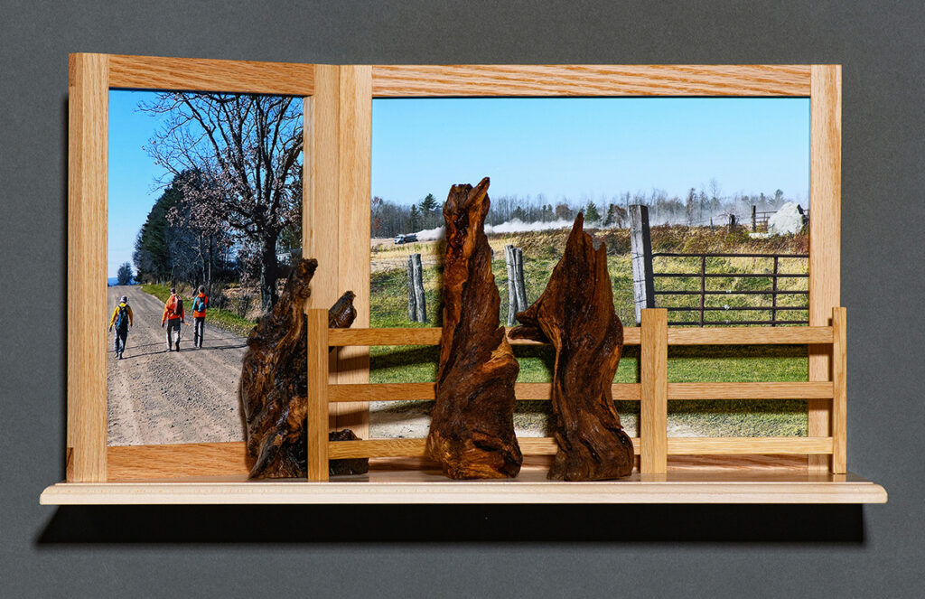 Eva M. Capobianco&nbsp;• <em>Map 7 - A Final Road Walk to the Finish</em>&nbsp;• Photos and found wood&nbsp;• 13″×&nbsp;24″×&nbsp;6″&nbsp;• $575.00