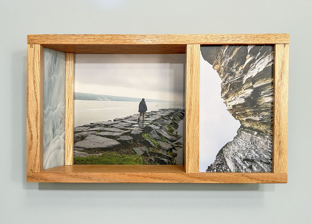 Eva M. Capobianco&nbsp;• <em>Map 15 - Seneca Lake II</em>&nbsp;• Photos, reused wood & stained glass&nbsp;• 11″×&nbsp;19″×&nbsp;3½″&nbsp;• $425.00