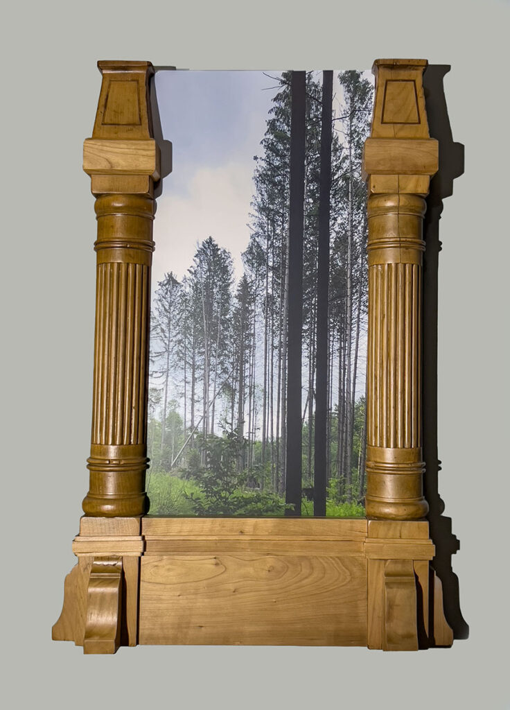 Eva M. Capobianco&nbsp;• <em>Map 21 - Majestic Pines</em>&nbsp;• Photo, reused wood&nbsp;• 30″×&nbsp;20″×&nbsp;5″&nbsp;• $625.00