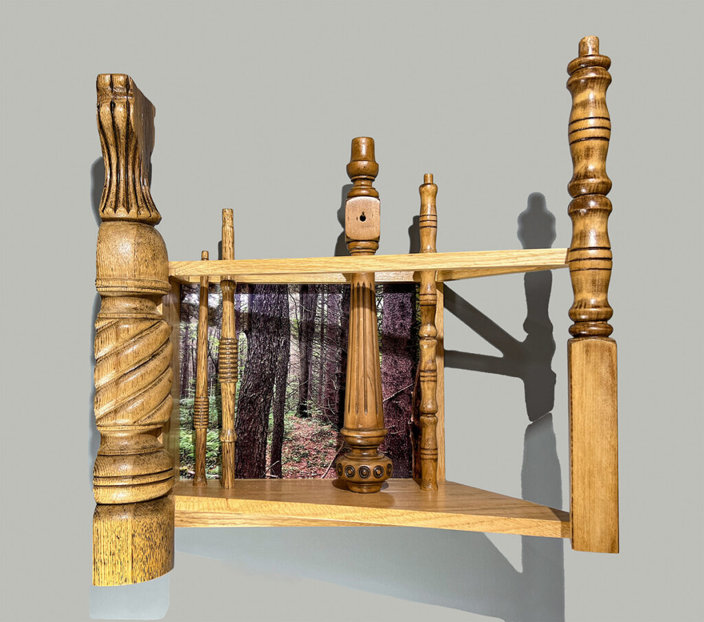 Eva M. Capobianco&nbsp;• <em>Map 23 - Forest for the Trees</em>&nbsp;• Photo and reused wood&nbsp;• 22″×&nbsp;23″×&nbsp;12″&nbsp;• $750.00