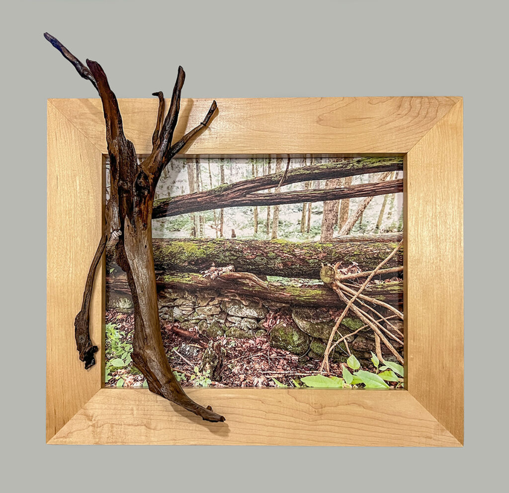 Eva M. Capobianco&nbsp;• <em>Map 24 - Stone Wall with Downed Trees</em>&nbsp;• Photo, found & reused wood&nbsp;• 16½″×&nbsp;18½″×&nbsp;6½″&nbsp;• $475.00