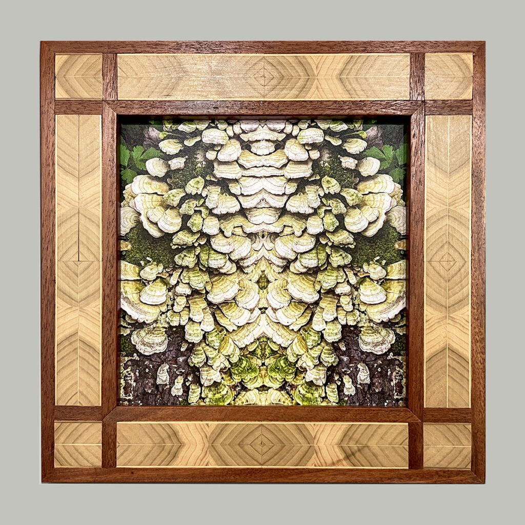 Eva M. Capobianco&nbsp;• <em>Map 25 – Book Matched, Dark Version</em>&nbsp;• Photo, reused wood&nbsp;• 14½″×&nbsp;14½″×&nbsp;¾″&nbsp;• $375.00