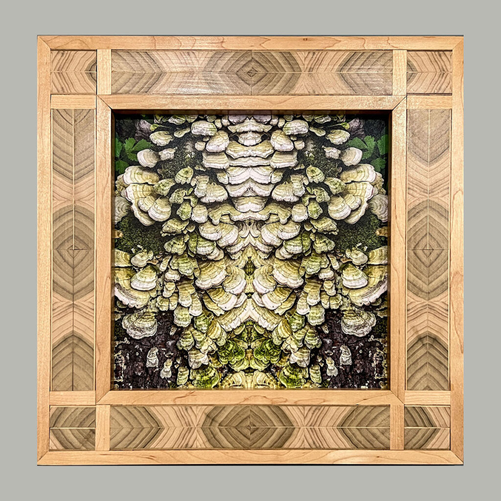 Eva M. Capobianco&nbsp;• <em>Map 25 – Book Matched, Light Version</em>&nbsp;• Photo, reused wood&nbsp;• 14½″×&nbsp;14½″×&nbsp;¾″&nbsp;• $375.00