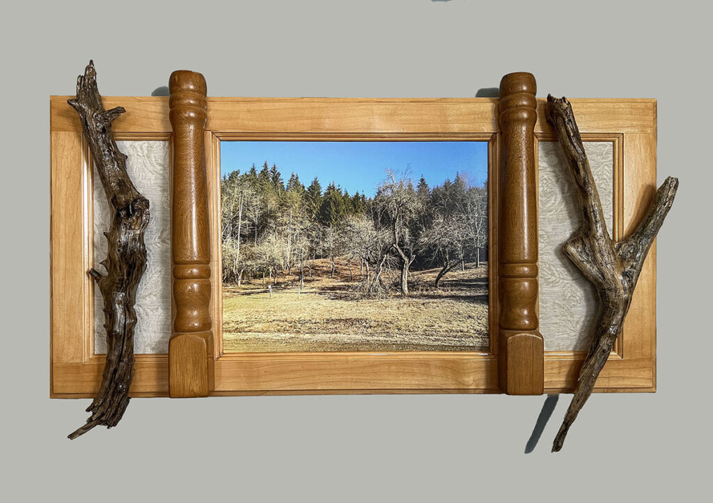 Eva M. Capobianco&nbsp;• <em>Map 29 - Trail head with Columns</em>&nbsp;• Photo and mixed media&nbsp;• 18″×&nbsp;30″×&nbsp;3″&nbsp;• $625.00