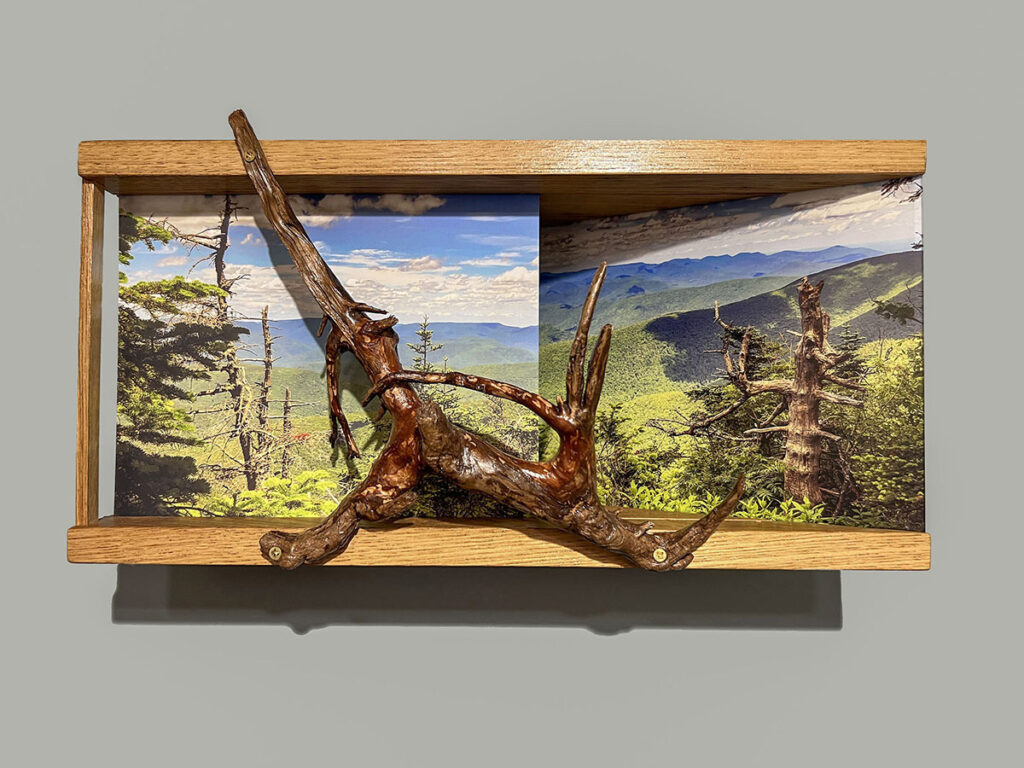 Eva M. Capobianco&nbsp;• <em>Map 34 - Slide Mountain</em>&nbsp;• Photos, found and reused wood&nbsp;• 10″×&nbsp;18″×&nbsp;8″&nbsp;• $525.00