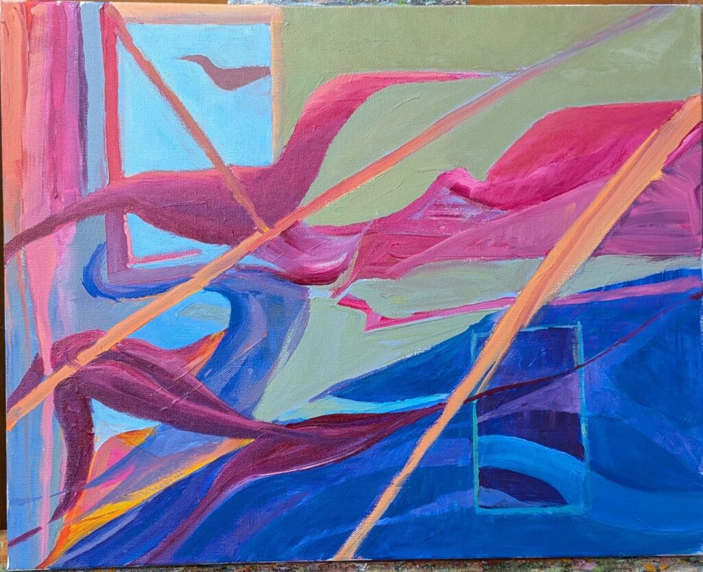 Diana Ozolins • <em>Green, 2 Blues, Ochre and Magenta</em> • Acrylic on canvas • 20″× 16″ • $700.00