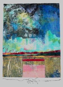 Carol Spence&nbsp;• <em>Beneath the Weather</em>&nbsp;• Acrylic, monoprint, collage&nbsp;• 12″×&nbsp;15″&nbsp;• $225.00