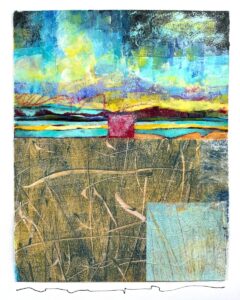 Carol Spence&nbsp;• <em>Centering the Storm</em>&nbsp;• Acrylic, monoprint, collage&nbsp;• 12″×&nbsp;15″&nbsp;• $225.00