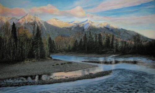 Ed Brothers&nbsp;• <em>Last Light on the Bulkley</em>&nbsp;• Oil pastel&nbsp;• 26½″×&nbsp;17½″&nbsp;• NFS