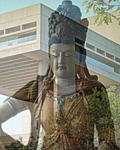 Nancy V. Ridenour&nbsp;• <em>Johnson Museum and Guanyin</em>&nbsp;• Digital image on canvas&nbsp;• 16″×&nbsp;20″&nbsp;• $150.00