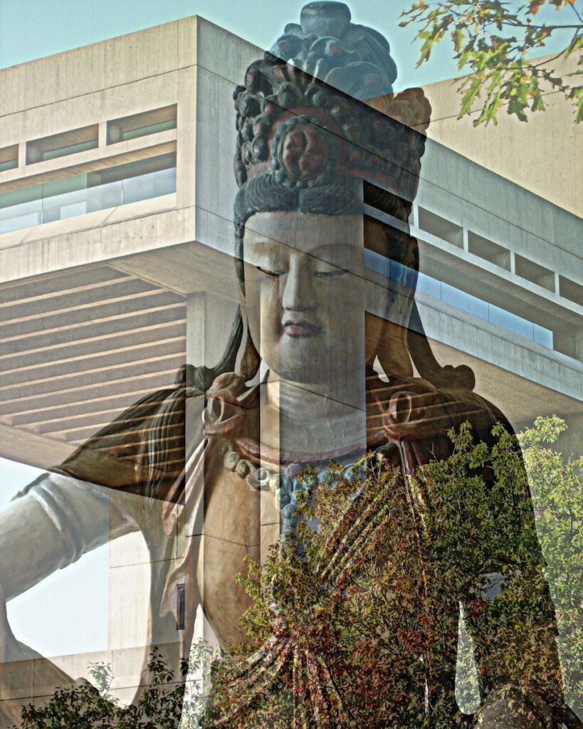 Nancy V. Ridenour • <em>Johnson Museum and Guanyin</em> • Digital image on canvas • 16″× 20″ • $150.00