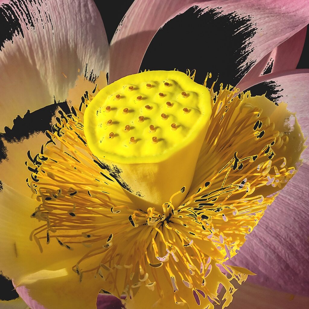 Nancy V. Ridenour • <em>Lotus Montage-1</em> • Digital image on canvas • 8″× 8″ • $35.00