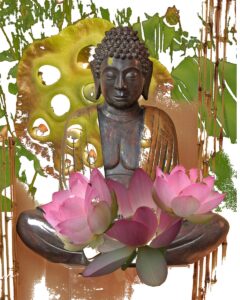 Nancy V. Ridenour&nbsp;• <em>Selby Buddha and Lotus</em>&nbsp;• Digital image on canvas&nbsp;• 16″×&nbsp;20″&nbsp;• $150.00
