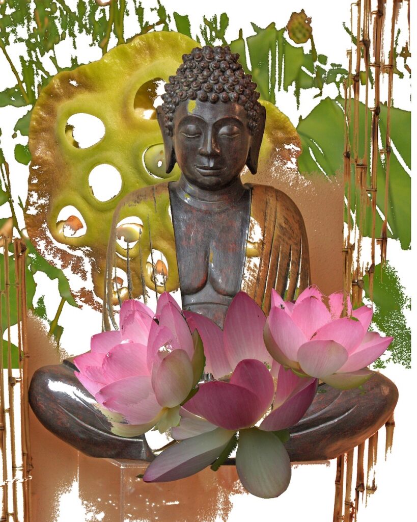 Nancy V. Ridenour • <em>Selby Buddha and Lotus</em> • Digital image on canvas • 16″× 20″ • $150.00