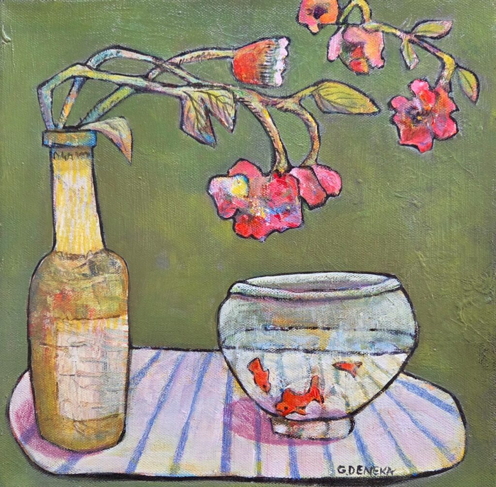 Ginny Deneka&nbsp;• <em>Gold Fish</em>&nbsp;• Acrylic on canvas&nbsp;• 12″×&nbsp;12″&nbsp;• $200.00<a class="purchase" href="https://state-of-the-art-gallery.square.site/product/ginny-deneka-gold-fish/5PYFFB44FPF2BTNXRYGRVNZT" target="_blank">Buy</a>