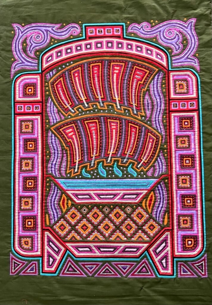 Pat Feldman&nbsp;• <em>BBQ Ribs in Smoker</em>&nbsp;• Cotton fabric&nbsp;• 27″×&nbsp;40″&nbsp;• NFS