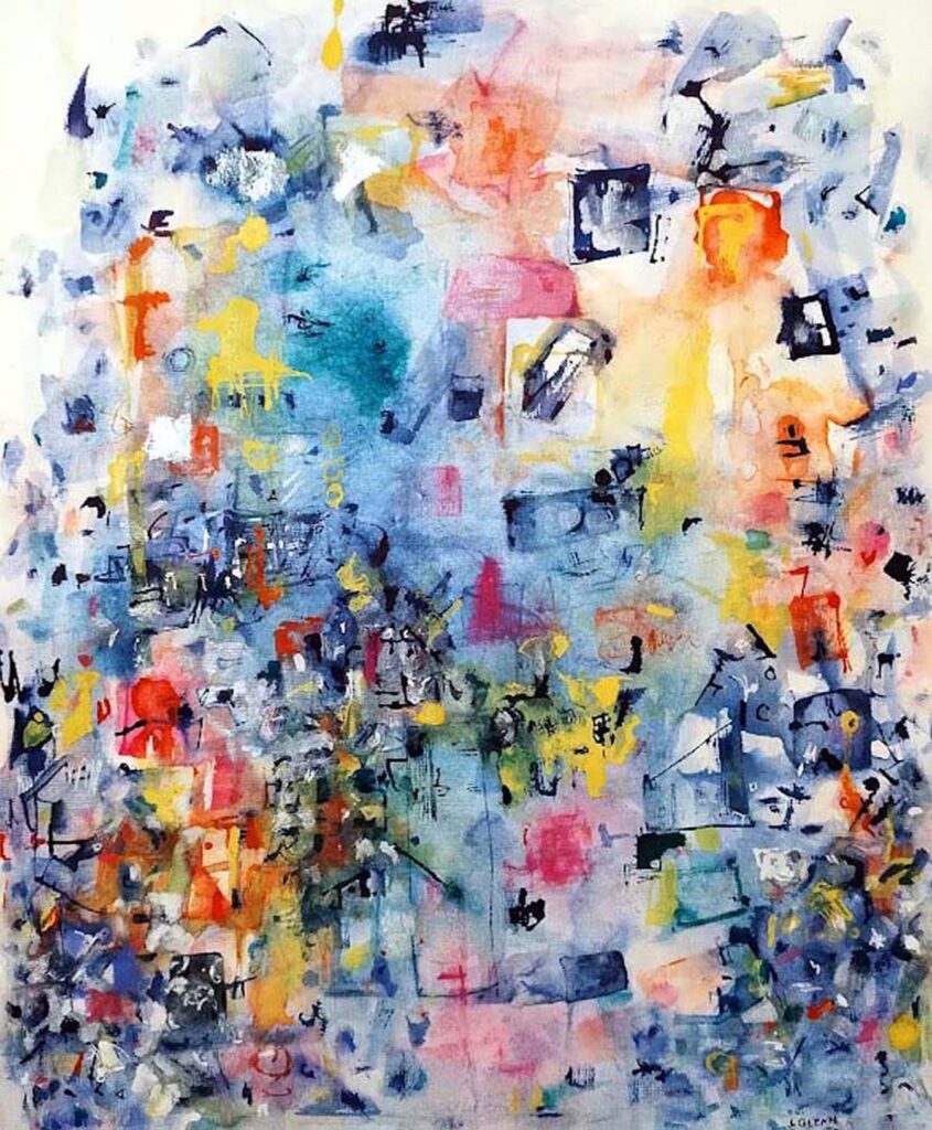 Laura Glenn&nbsp;• <em>Reenactment</em>&nbsp;• Watercolor and ink, incuding metallic ink&nbsp;• 14″×&nbsp;16″×&nbsp;½″&nbsp;• $400.00<a class="purchase" href="https://state-of-the-art-gallery.square.site/product/laura-glenn-reenactment/FLB7LFPM53XRFN7ZONY4QVW3" target="_blank">Buy</a>