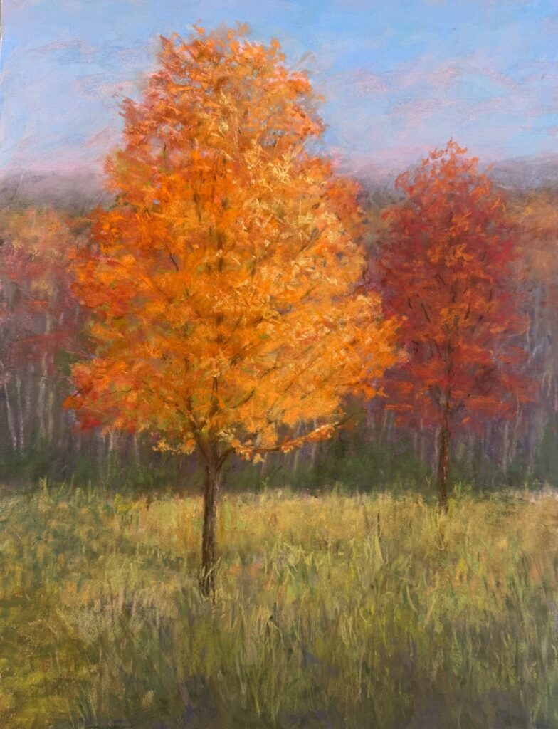Nancy Medsker&nbsp;• <em>Maples</em>&nbsp;• Soft pastels on sanded paper&nbsp;• 12″×&nbsp;16″&nbsp;• $375.00<a class="purchase" href="https://state-of-the-art-gallery.square.site/product/nancy-medsker-maples/SXY67K7GWRFVGRD44FRQ4IPP" target="_blank">Buy</a>