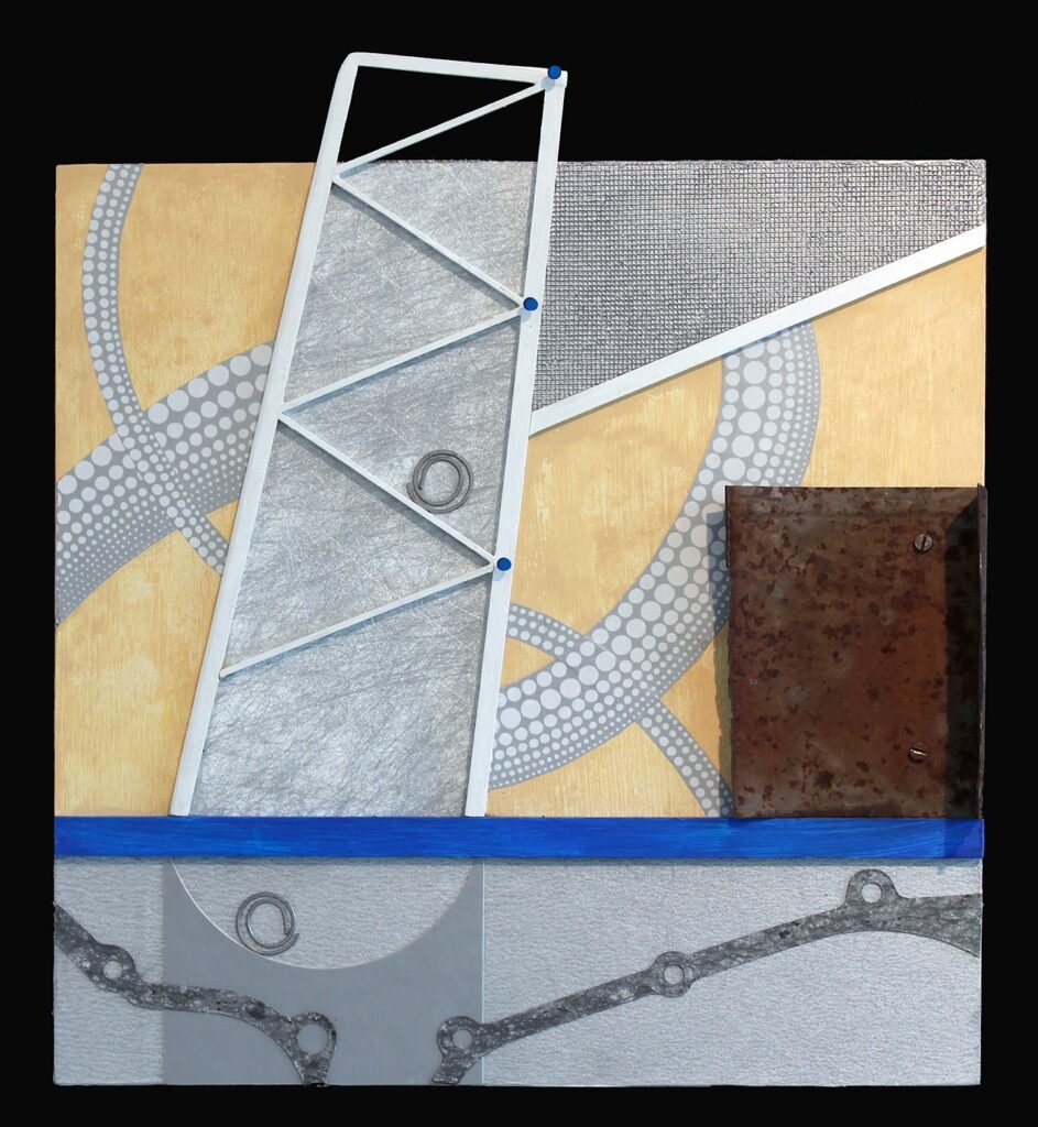 Barbara Page&nbsp;• <em>Bilbao</em>&nbsp;• Acrylic, collage, wood, metal, map pins on board&nbsp;• 12″×&nbsp;13″×&nbsp;1″&nbsp;• $600.00<a class="purchase" href="https://state-of-the-art-gallery.square.site/product/barbara-page-bilbao/22JSLGDD6VWANY4Q5FRUUYQW" target="_blank">Buy</a>