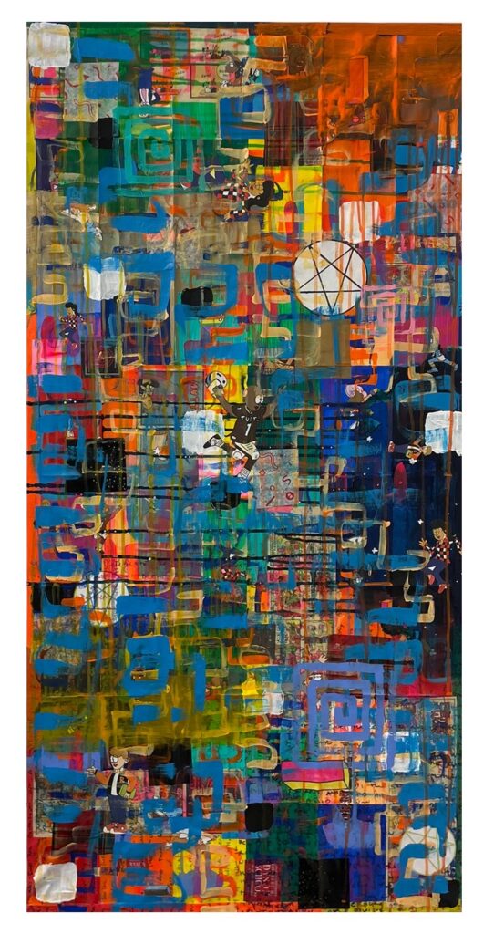 Reid Palmer&nbsp;• <em>Taste the Rainbow 3</em>&nbsp;• Acrylic paint with collage on colored paper collage&nbsp;• 24″×&nbsp;48″&nbsp;• $750.00<a class="purchase" href="https://state-of-the-art-gallery.square.site/product/reid-palmer-taste-the-rainbow-3/FKQPQHIC4N5I24EGNZRMW6SS" target="_blank">Buy</a>