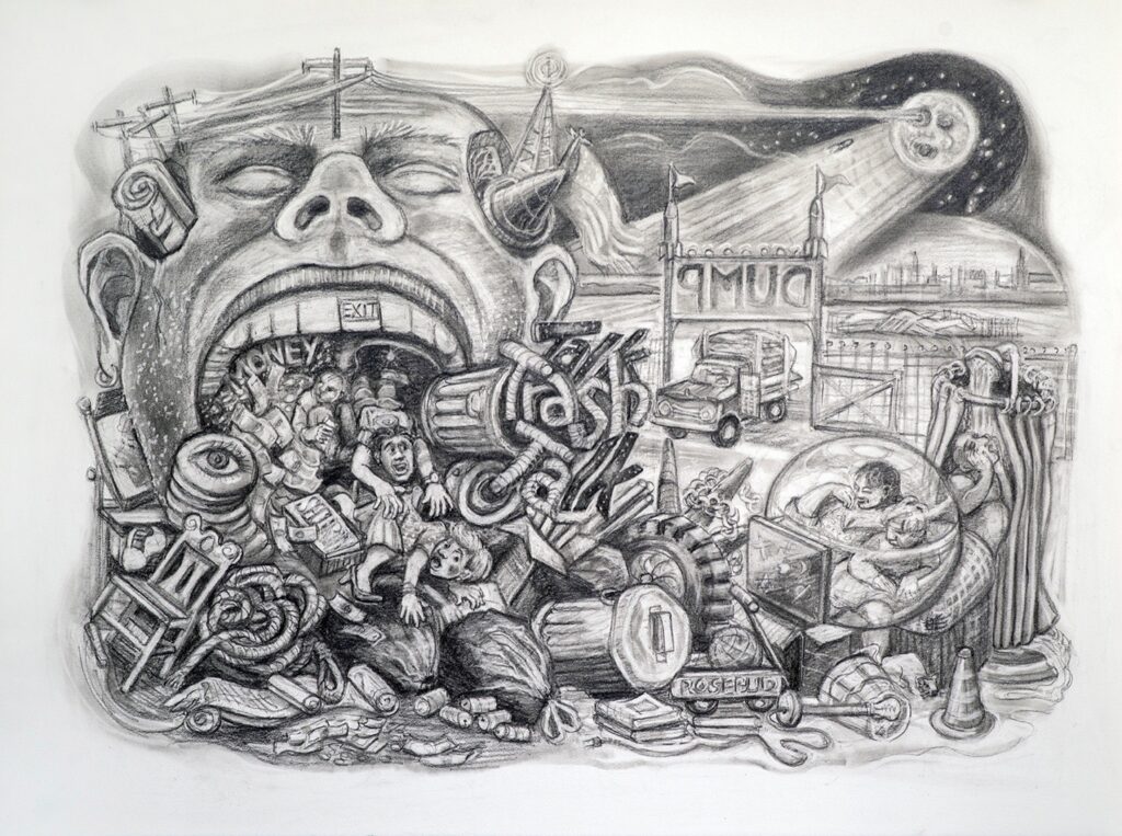 Kim Schrag&nbsp;• <em>Trash Talk</em>&nbsp;• Graphite drawing on Stonehenge paper&nbsp;• 30″×&nbsp;22″&nbsp;• NFS