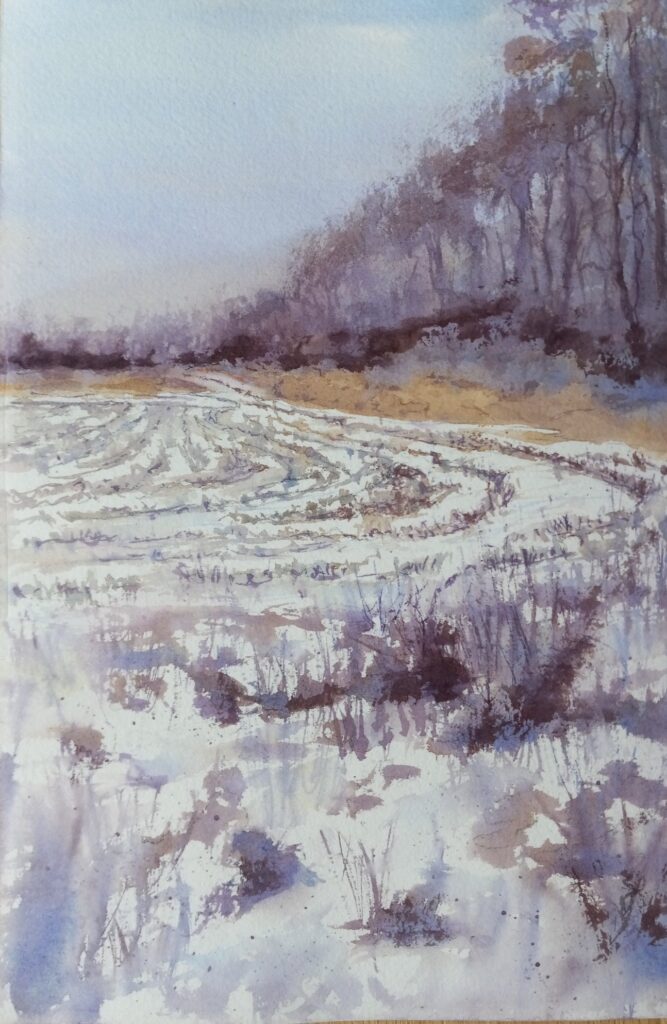 Nancy Stamp&nbsp;• <em>Winter corn stubble, Lansing</em>&nbsp;• Watercolor&nbsp;• 11″×&nbsp;7¼″&nbsp;• $300.00<a class="purchase" href="https://state-of-the-art-gallery.square.site/product/nancy-stamp-winter-corn-stubble-lansing/3JYRDESBHQNJDMKU5563PNK6" target="_blank">Buy</a>