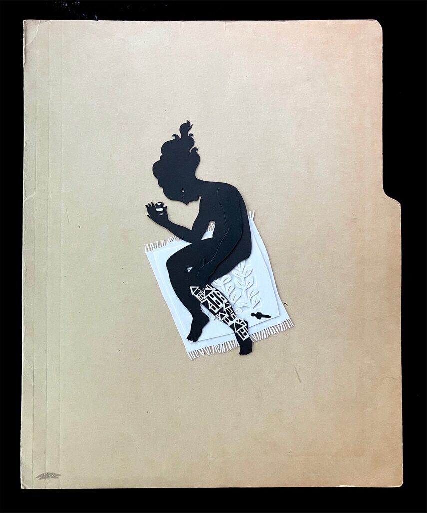 Linda Wingerter&nbsp;• <em>Homebody 3</em>&nbsp;• Cut paper mounted on vintage office file folders&nbsp;• 9″×&nbsp;12″&nbsp;• $215.00<a class="purchase" href="https://state-of-the-art-gallery.square.site/product/linda-wingerter-homebody-3/GW3V4AKH5WCBJ5UE77GWMGTF" target="_blank">Buy</a>