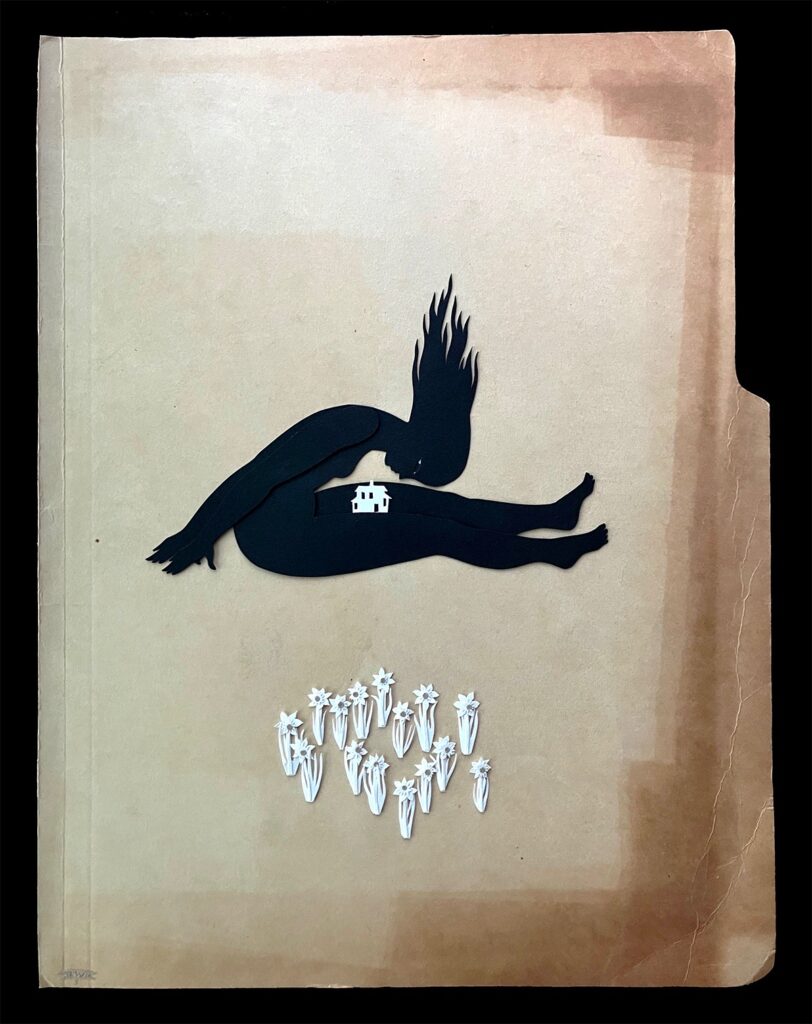 Linda Wingerter&nbsp;• <em>Homebody 5</em>&nbsp;• Cut paper mounted on vintage office file folders&nbsp;• 9″×&nbsp;12″&nbsp;• $215.00<a class="purchase" href="https://state-of-the-art-gallery.square.site/product/linda-wingerter-homebody-5/IQOYS6MMTZT5PMT4FXSQ7LHY" target="_blank">Buy</a>