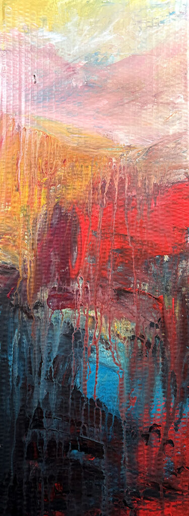 Darcy Binns&nbsp;• <em>Fall Yodel No.8</em>&nbsp;• Acrylic on corrugated cardboard&nbsp;• 14½″×&nbsp;34½″&nbsp;• $175.00<a class="purchase" href="https://state-of-the-art-gallery.square.site/product/darcy-binns-fall-yodel-no-8/5XWYHPK27HMSM6TFSAV4XBJT" target="_blank">Buy</a>