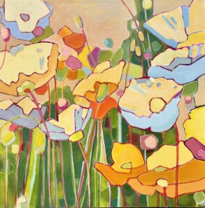 Cindy Kaufman&nbsp;• <em>Poppies in Golden Light</em>&nbsp;• Acrylic on gallery-wrapped canvas&nbsp;• 20″×&nbsp;20″&nbsp;• $850.00